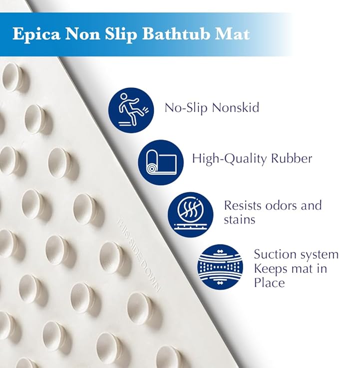 Epica Non Slip Bathtub Mat | Real Rubber Bath Mat for Tub, Shower, Baby Safety, Kids, Pet Dog, Soft No-Slip Nonskid, 16” x 28