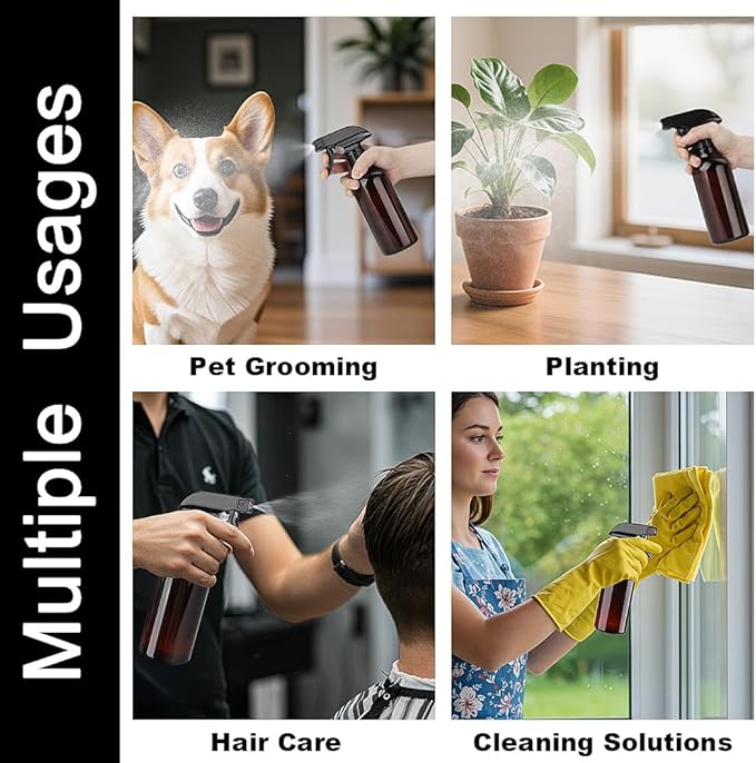 Plastic Spray Bottles 12oz 2 Pack Adjustable Mist/Stream Spraying Heavy Duty Square Water Spray Bottles for Hair, Cleaning Solutions, Plants,Essential Oils (Brown)