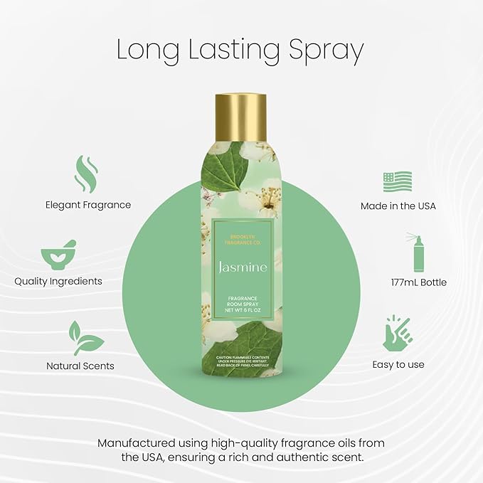 Brooklyn Fragrance Co. Spring Floral Room Spray – Premium Jasmine Air Freshener -Long lasting home Fragrance Spray for Bathroom, office & small spaces- 6 Fl oz.