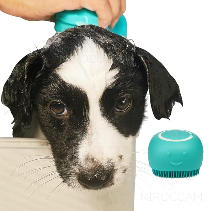 Pet Grooming Bath Brush Puppy Dog Cat with Shampoo Dispenser, Clean Soft Silicone Massage Rubber Bristles, Grooming Tool, 3 colors, Blue, Pink or Yellow (Blue)