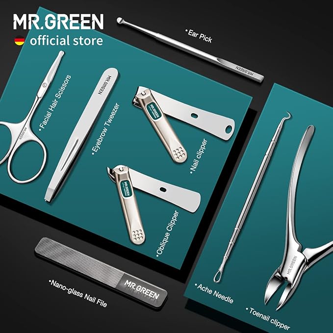 MR.GREEN Manicure Sets Pedicure Kits Stainless Steel Nail Clipper Personal Care Tools with PU Leather Case (Gray)