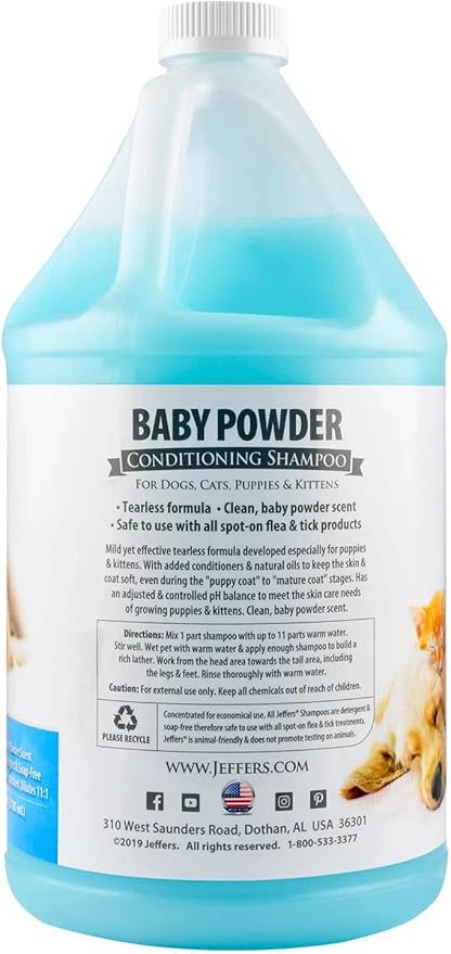 Jeffers Baby Powder Scent Conditioning Shampoo for Dogs, Cats, Puppies & Kittens – Gentle, Soap Free Formula with Natural Oils – Odor Eliminating, Safe Coat Care, Hypoallergenic Pet Shampoo, 1 Gal