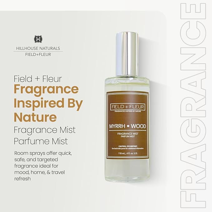 FIELD FLEUR Natural Room and Linen Spray, Non-Toxic Fragrance Mist With With Scents of Earthy Patchouli, warm amber & sandalwood – Long-Lasting Room Spray for Home– Made in USA, 4oz – Myrrh Wood