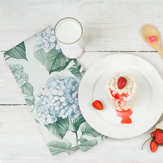 3 Pcs Blue Hydrangea Kitchen Towels, Farmhouse Blue Hydrangea Decor Summer Flowers Decorative Spring Floral Tea Dish Towels , Waffle Soft Hand Towel for Farmhouse Kitchen Bathroom, Housewarming Gifts