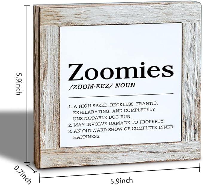 Funny Pet Wooden Box Sign, Zoomies Definition Sign, Rustic Pet Decor for Tabletop or Shelf, Dog Lover Gift, Modern Farmhouse Style Decor 5.9x5.9 Inches