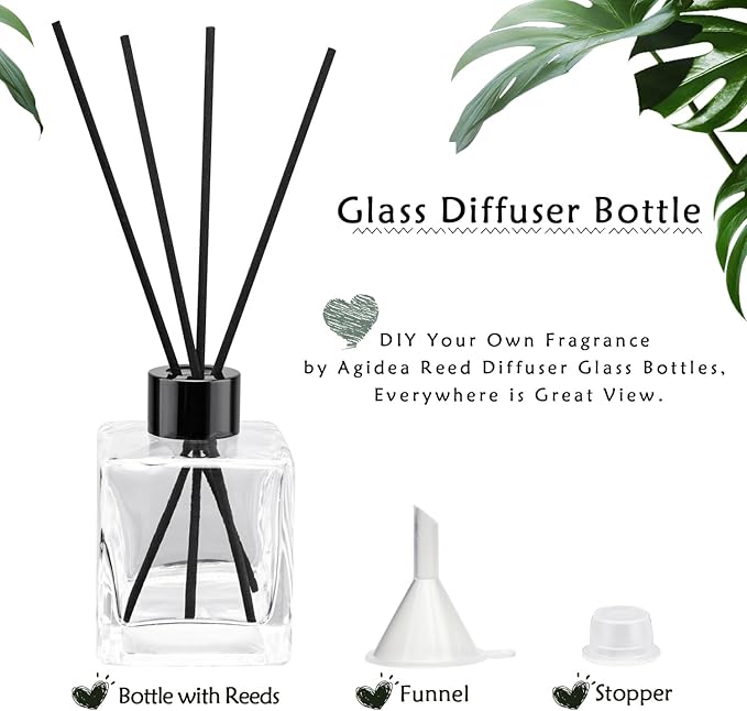4PCS Glass Diffuser Bottles, Refillable Diffuser Bottles Square Shape with 20pcs Reeds Sticks & Black Caps & Funnel, 3.66" High 150ml 5.29 fl oz. Diffuser Jars for Home Oil Fragrance Decoration