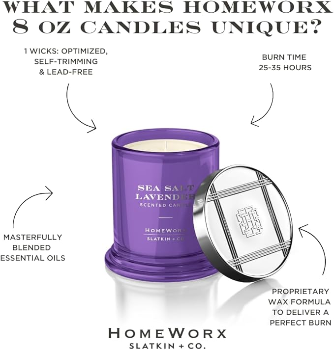 HomeWorx by SLATKIN + CO. Candle- Sea Salt Lavender, 8 oz. Premium Scented Candle - 25-35 Hours Burn Time