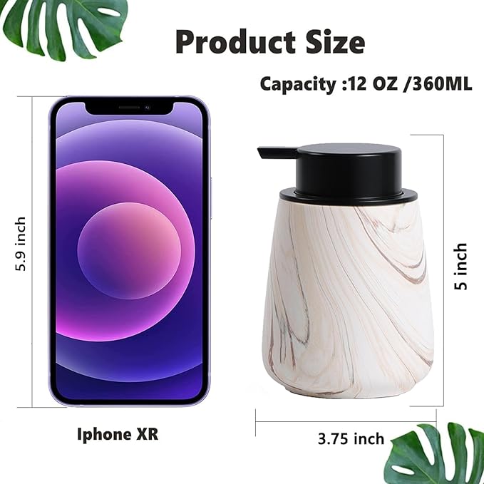 12Oz Foam Hand Soap Dispenser - Modern Ceramic Foaming Soap Dispenser with Easy-to-Press Pump, Reusable and Refillable Liquid Dish Soap Dispensers for Bathroom & Kitchen, Marble Brown