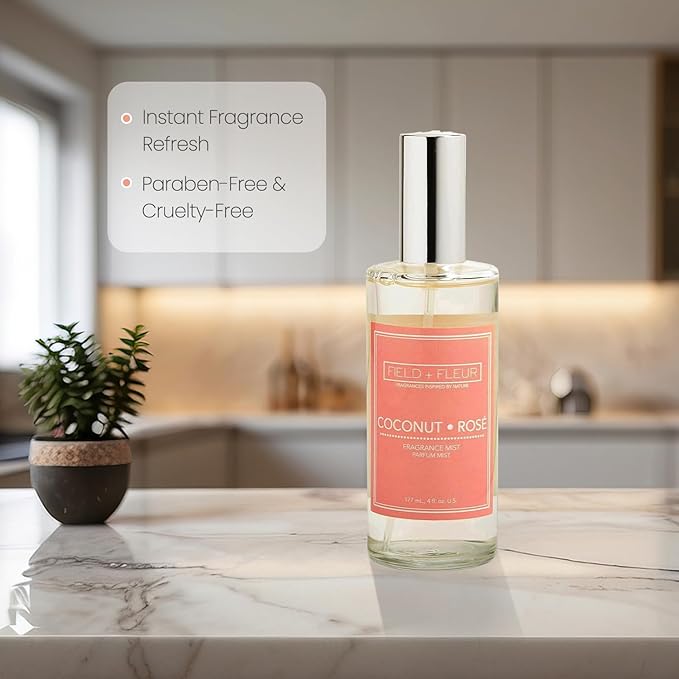 FIELD FLEUR Natural Room and Linen Spray, Non-Toxic Fragrance Mist with Scents of dewy fruits, green citrus, jasmine & white flowers– Long-Lasting Room Spray for Home – Made in USA, 4oz - Coconut Rose