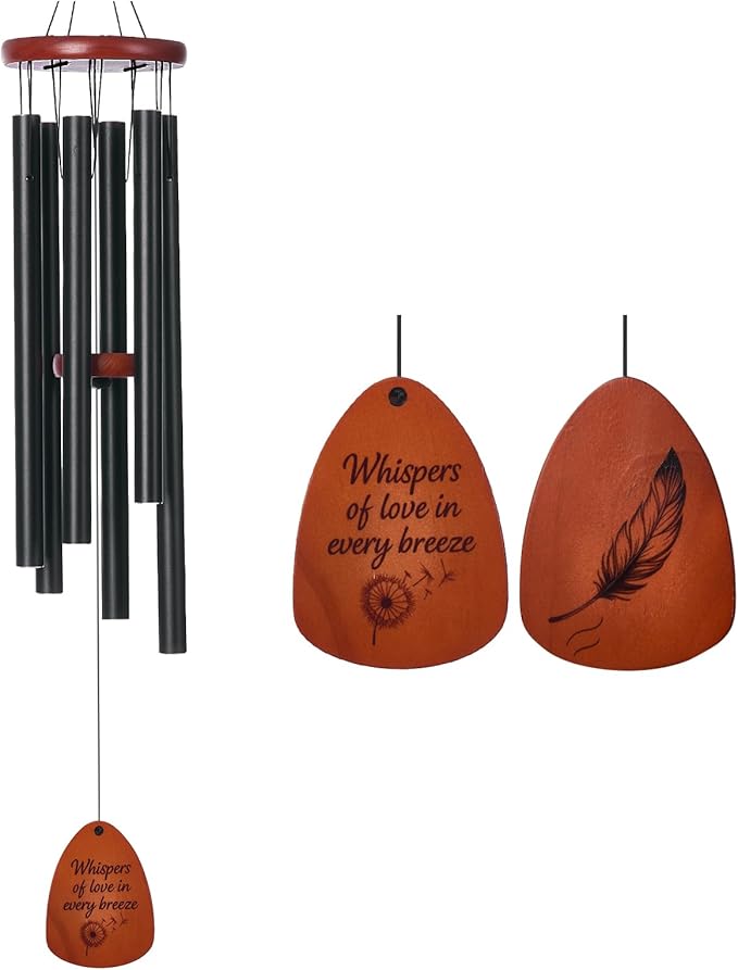 Inspirational Wind Chimes for Outside – Deep Tone Chimes with Wooden Sail | Outdoor Hanging Decor for Patio & Garden | Unique Designs, Healing Gift of Peace & Comfort (Black, 37 Inch)