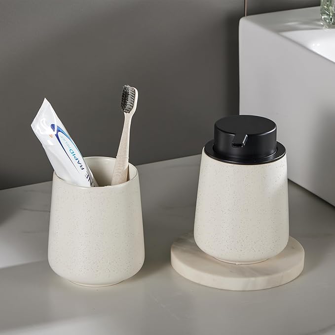 12Oz Beige Foaming Soap Dispenser Set - Ceramic Foam Hand Soap Dispenser Set with Easy-to-Press Pump, Refillable Liquid Dish Soap Dispensers for Bathroom and Kitchen, 2 Pack