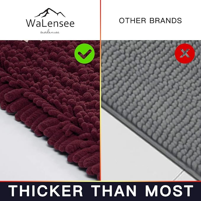 Walensee Large Bathroom Rug Non Slip Bath Mat (72x24 Inch Burgundy) Water Absorbent Super Soft Shaggy Chenille Machine Washable Dry Extra Thick Perfect Absorbant Best Plush Carpet for Shower Floor