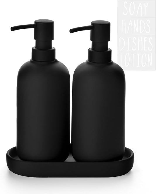 Ceramic Soap Dispenser Set - Elegant Hand Soap Pump with 4 Labels (Soap, Dishes, Lotion, Hands) - Durable & Stylish Design for Kitchen & Bathroom Decor, Refillable Liquid Soap Dispenser