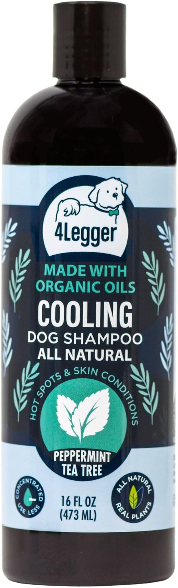 4Legger Organic Dog Shampoo, Cooling Peppermint Tea Tree Dog Shampoo for Skin Conditions and Hot Spot - 16 oz