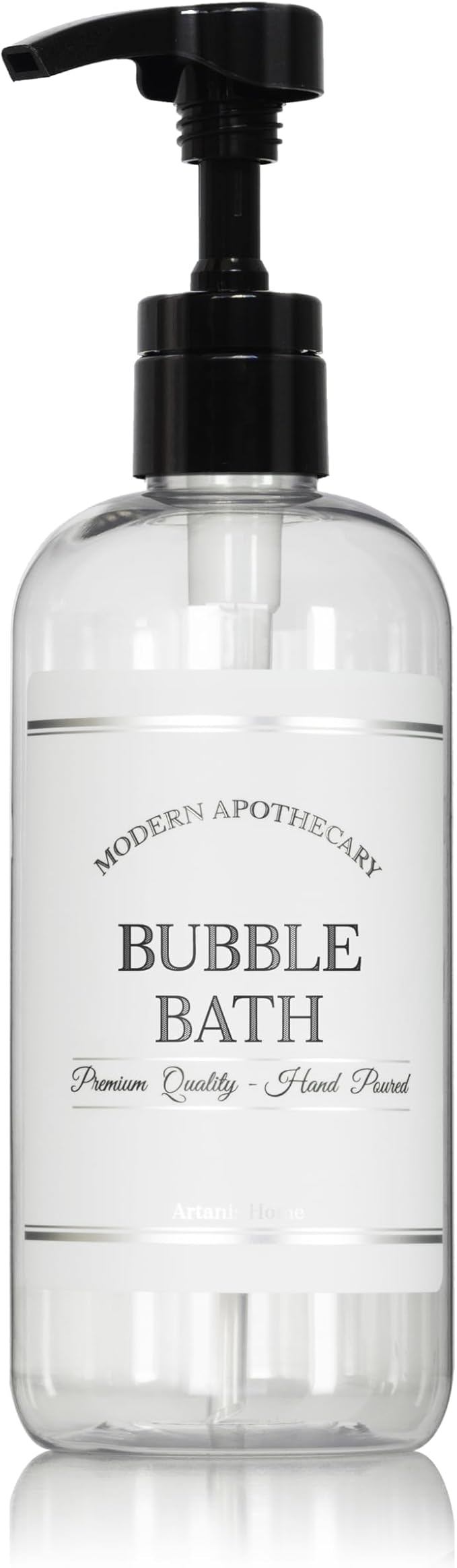 Refillable Clear PET Plastic 16 oz Bubble Bath Bottle with High Output Black Plastic Pump Dispenser - Chrome Accent Waterproof Labeled Bottle