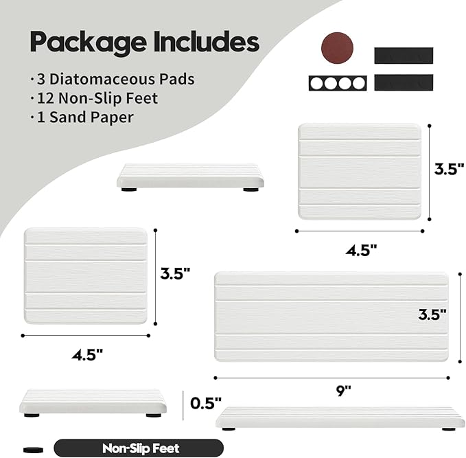 3 Pack Stone Dryin Tray, Water Absorbing Diatomite Stone Sink Mat for Kitchen & Bathroom Counter, Soap Dish Vanity Caddy,Sponge Holder Organizer, White - 2pcs of 4.5"x 3.5" and 1pc of 9"x 3.5"