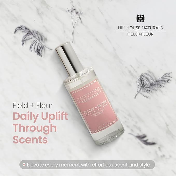 FIELD FLEUR Natural Room and Linen Spray, Non-Toxic Fragrance Mist With scents of Floral, Citrus, Aquatic Woods Notes – Long-Lasting Room Spray for Home, Bedding – Made in USA, 4oz – Peony Blush