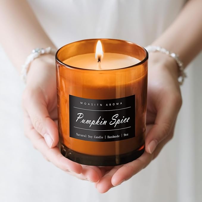 MOASITN Pumpkin Spice Strong Scented Large Luxurious Candles for Home| Organic Soy Fall Candles| Handmade Long Lasting Aromatherapy Jar Candel for Women,Men| as Autumn,Halloween,Relaxing Gifts| 9oz