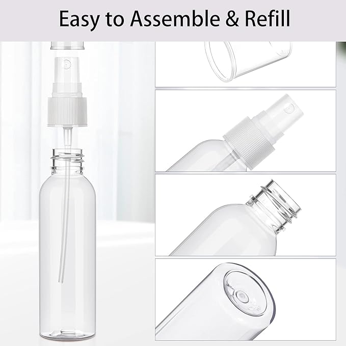 100 PCS 3.4 oz Plastic Spray Bottles with Fine Mist Nozzles for Travel Cosmetic Refillable Perfume and Essential Oil Use(White Clear)