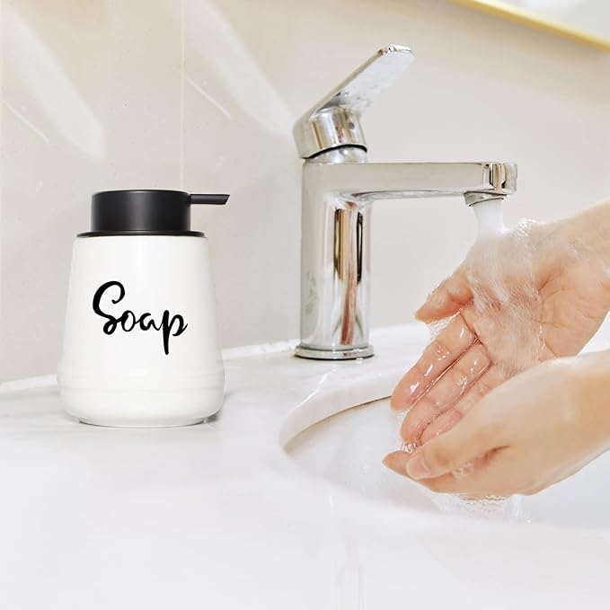 LEETOYI Bathroom Countertop Dispensers Modern Ceramic Soap Lotion Dispenser Bottles, Hand Soap Dispenser for Bathroom, Dish Soap Dispenser for Kitchen, Easy to Press Pump (White, Labeled Soap)
