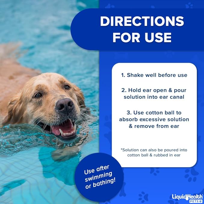 LIQUIDHEALTH Pets K9 Dog Ear Cleaner Wash Solutions - Infection Cleaning Hygiene Treatment Liquid Drops for Dogs, Canines, Puppies - for Use After Swimming or Bathing - Made in The USA (8 oz, 1Pack)