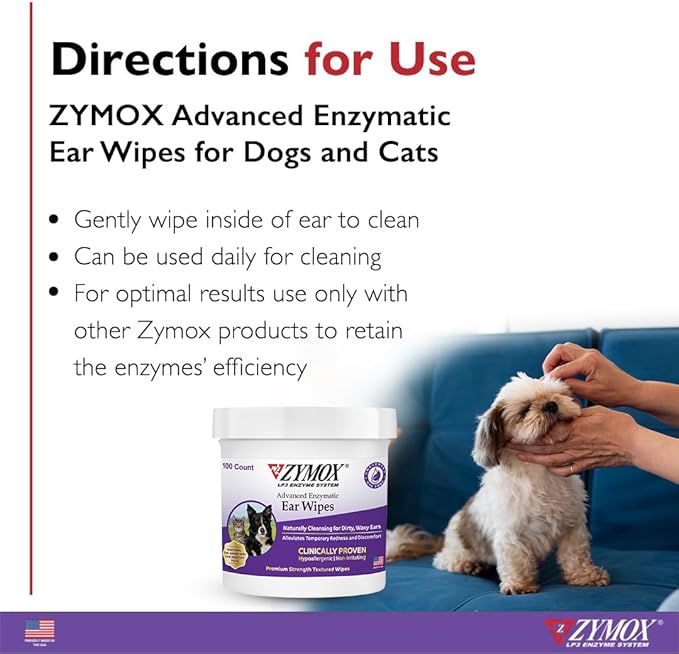 Zymox Advanced Enzymatic Ear Wipes for Dogs and Cats - for Dirty, Waxy, Smelly Ears - Premium Strength Ear Cleaner Wipes - Non-Irritating - Hypoallergenic (100 Count-Pack of 2)