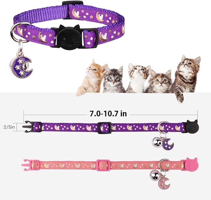 2Pcs Breakaway Cats Collars Cat Collars for Boy & Girl Cats Adjustable Kitten Collars with Bell,Pink+Purple,7"-10.7"