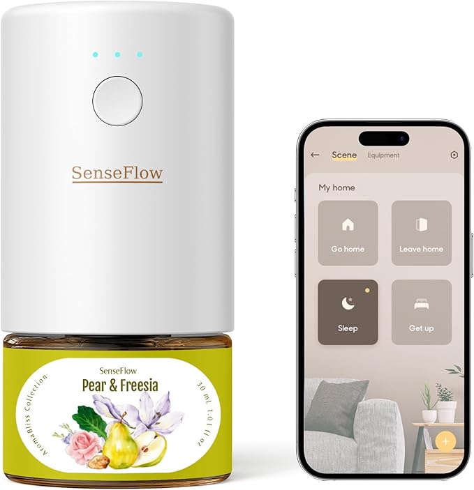 SF101S Smart Wi-Fi Waterless Ultrasonic Essential Oil Diffuser–100% Plant-Based,120-Day Natural Air Freshener & Aromatherapy scent Diffuser Covers 100㎡ for Home,Hotel-Pear & Freesia