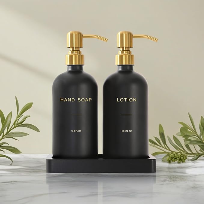 Soap Dispenser Bathroom Set, Hand and Lotion Dispenser with Stainless Steel Pump, Perfect for Black and Gold Bathroom Decor. (Gold & Black)