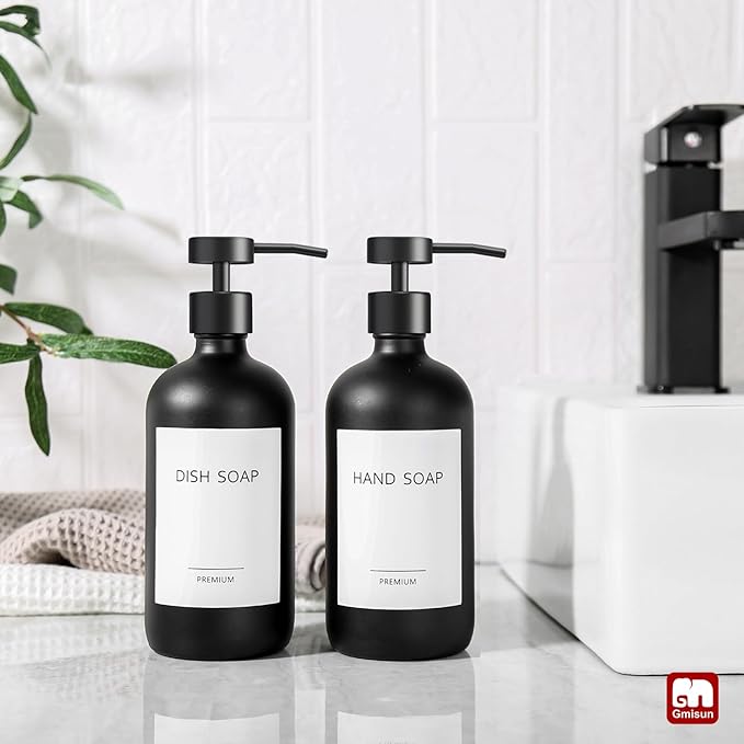 GMISUN Black Soap Dispenser, 2 Pack Matte Black Hand Soap Dispensers for Bathroom, 17 Fl Oz Glass Dish Soap Dispenser for Kitchen with Stainless Steel Pump, Modern Liquid Soap Bottle Set
