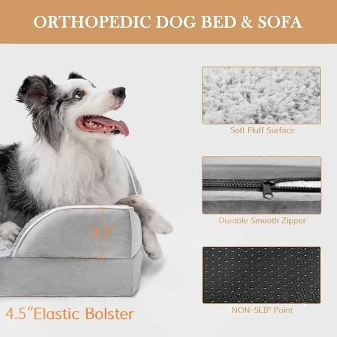 Comfort Expression Orthopedic Dog Bed for Large Dogs 38x25 Inch, Waterproof Egg Crate Foam Large Pet Bed with Removable Bolsters, Dog Couch with Washable Cover & Non-Slip Bottom, Grey White