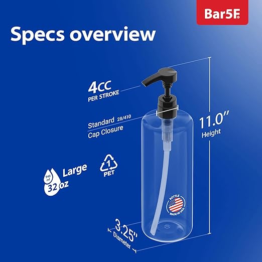 Bar5F Empty Shampoo Bottles with Pumps (2-Pack 32oz/1Liter/Large) BPA-Free PETE1 Plastic Bottle Crystal-Clear