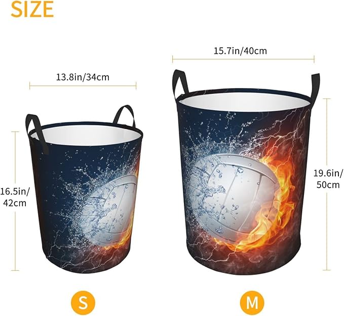 Volleyball Laundry Hamper Bag With Waterproof Liner - Sport Themed Round Laundry Basket Foldable Clothes Storage Organizer For Bathroom Bedroom Nursery Dorm, S-16.5"X 13.8"