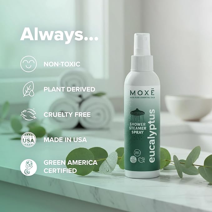 MOXĒ Eucalyptus Oil Shower Mist, Spa Steam Spray, Certified Natural 100% Essential Oils, Made in USA, Aromatherapy, Sinus Congestion Relief, Tension Relief, 4 Ounces