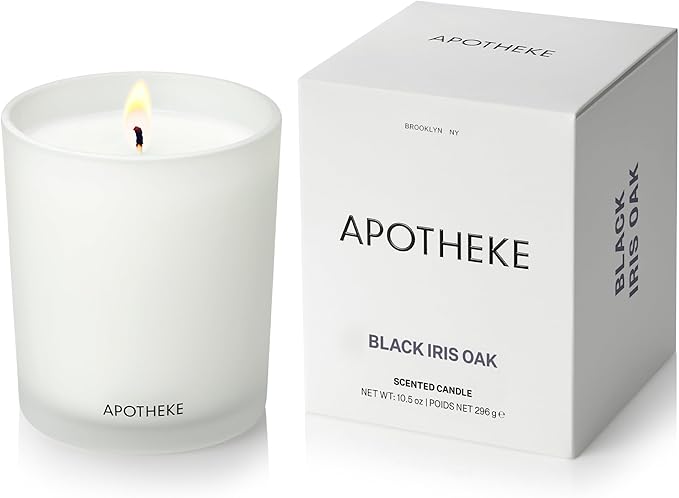 Apotheke Signature Scented Candles for Home, Black Iris Oak - 10.5 oz - Soy Wax, Non Toxic, Large Jar White - Luxury Candle Gifts for Women & Men - Black Pepper, Cinnamon, Musk, and Violet