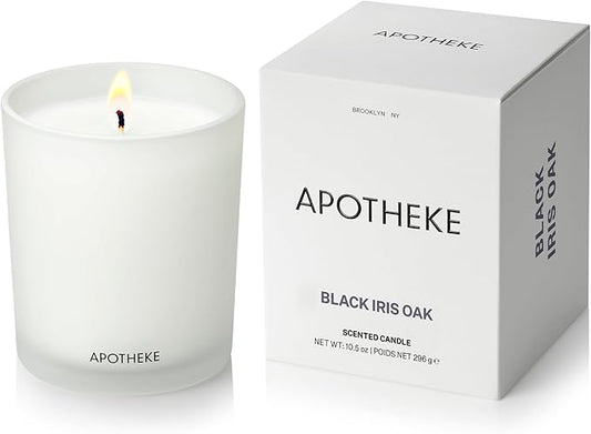 Apotheke Signature Scented Candles for Home, Black Iris Oak - 10.5 oz - Soy Wax, Non Toxic, Large Jar White - Luxury Candle Gifts for Women & Men - Black Pepper, Cinnamon, Musk, and Violet