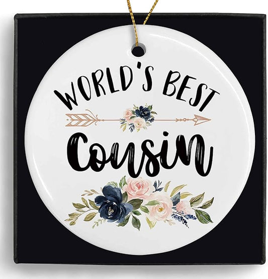 World's Best Cousin Ceramic Ornaments Gifts, Cousin Round Hanging Ornament Decor Decorations for Christmas Tree Car, Thank You Appreciation Gifts for Cousin Birthday Holiday