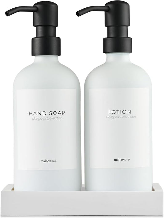 MaisoNovo Soap Dispenser 3-Piece Set | 16.9oz White Bottles with Black Stainless Steel Pumps