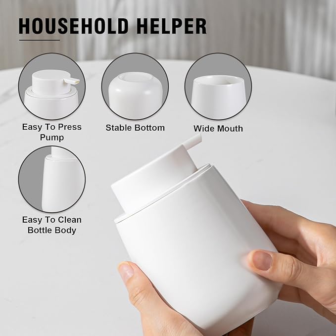 Soap Dispenser, Ceramic Foaming Soap Dispenser with Easy-to-Press Pump for Bathroom (White Liquid Dispenser)