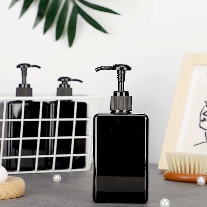 Suream Empty Shampoo Bottles with Pump, 3Pack 9.5oz/280ml Refillable Body Wash Dispensers for Shower, Black Plastic Countertop Soap Bottle for Bathroom, Kitchen Sink, Hotle, Salon