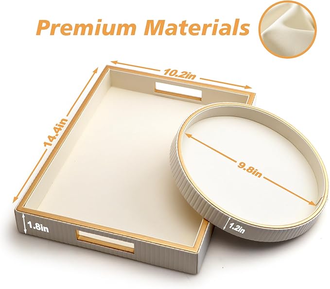 SANZIE Leather Tray Desktop Storage Organizer Premium Serving Tray Decorative Tray Valet Tray for Sundries Cosmetics Phone Wallet Cutlery, Circle + Rectangular, White