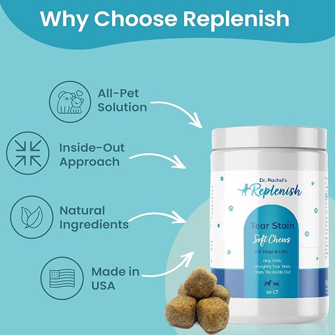Replenish Tear Stain Chews for Dogs and Cats - Dr. Rachel's Tear Stain Remover for Dogs - Dog Eye Tear Stain Remover - Tear Stain Supplement for Dogs - Natural Tear Stain Soft Chews - 60 Count