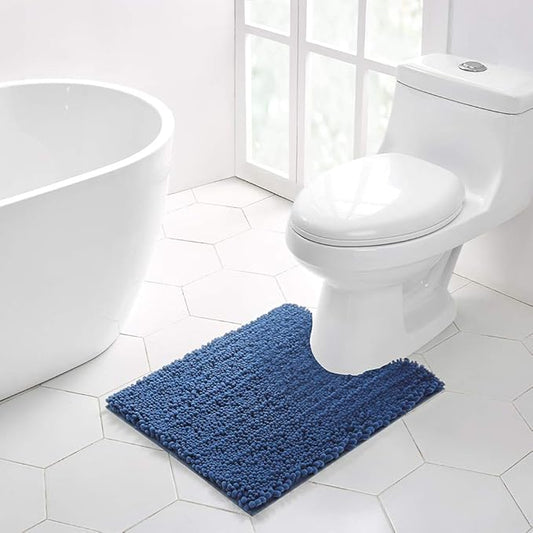 Walensee Bathroom Contour Rug Non Slip Toilet U Shaped Bath Mat (20x24, Dark Blue) Water Absorbent Super Soft Shaggy Chenille Machine Washable Dry Extra Thick Perfect Absorbant Best Plush Carpet