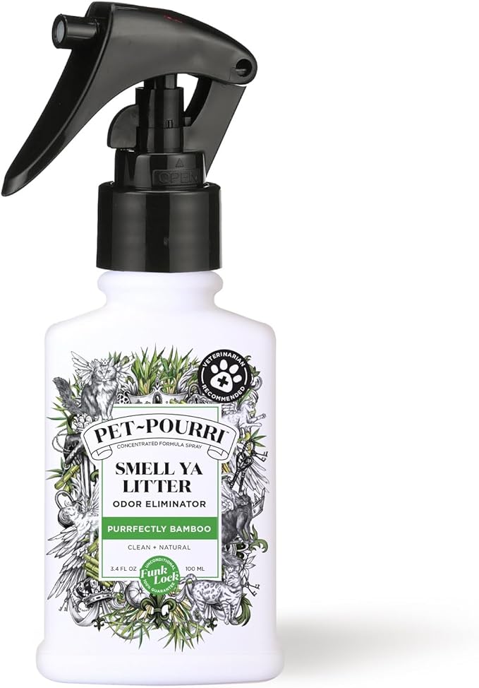 Pet-Pourri Smell Ya Litter Cat Litter Deodorizer Spray, Purrfectly Bamboo 3.4 Fl Oz, Up to 170 Uses, Pet Odor Remover with Essential Oils for Air, Carpet, Urine, Vet Recommended, Bergamot Bamboo Scent