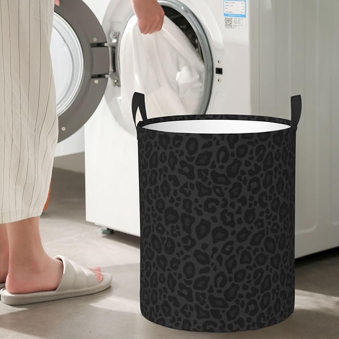 Black Leopard Print Laundry Hamper Bag With Waterproof Liner - Round Laundry Basket Foldable Clothes Storage Organizer For Bathroom Bedroom Nursery Dorm, S-16.5"X 13.8"