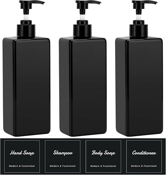 Suream Shampoo and Conditioner Dispenser Set, 3Pack 16.9oz Bathroom Countertop Soap Bottle with 4PCS lables, Plastic Refillable Dispenser with Pump for Kitchen, Office, Travel, Resturant, Black