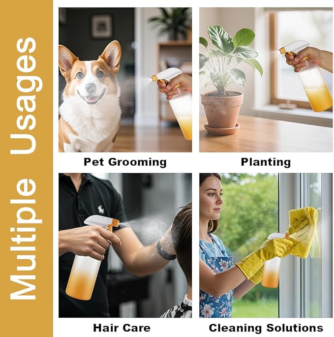 Plastic Spray Bottles 12oz 2 Pack Adjustable Mist/Stream Spraying Heavy Duty Square Water Spray Bottles for Hair, Cleaning Solutions, Plants，Essential Oils (Yellow)