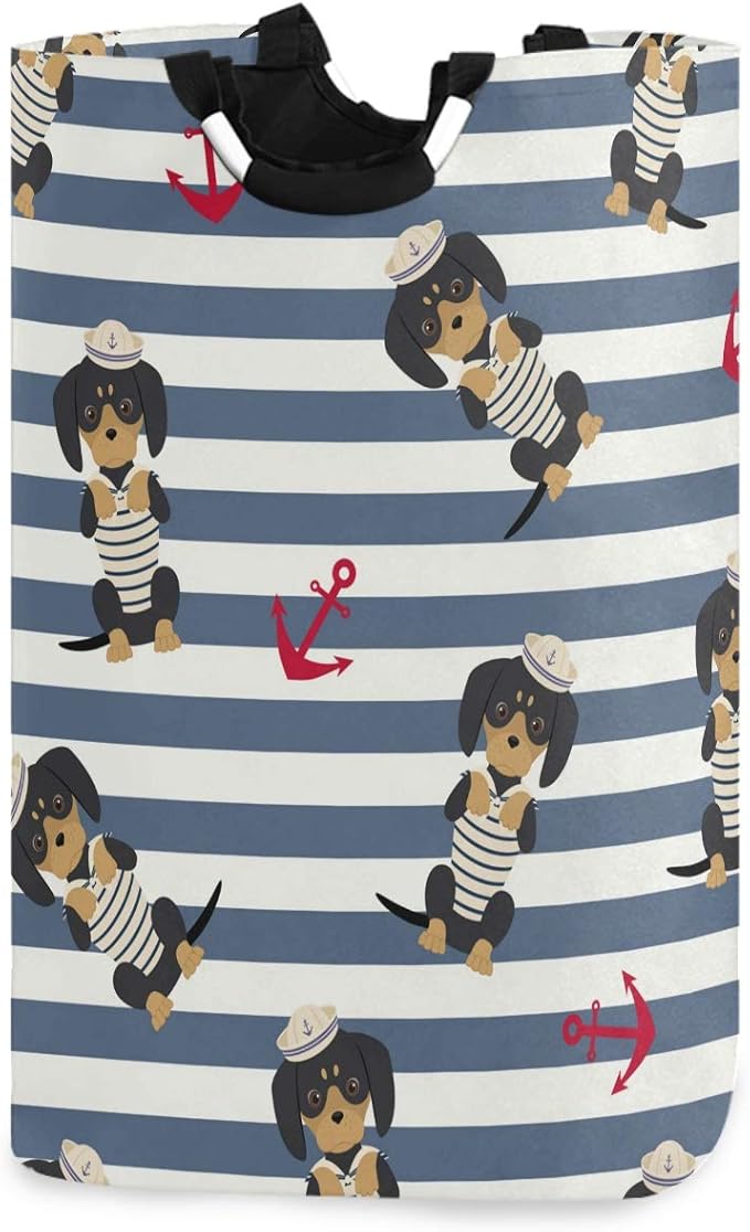 visesunny Collapsible Laundry Basket Dog Sailor Animal Anchor Blue Stripe Large Laundry Hamper with Handle Toys and Clothing Organization for Bathroom, Bedroom, Home, Dorm, Travel