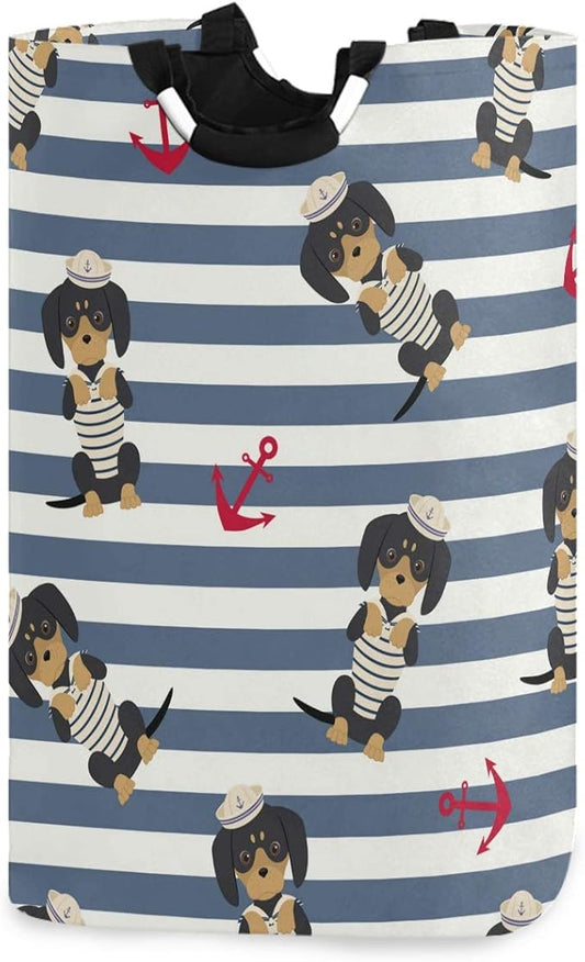 visesunny Collapsible Laundry Basket Dog Sailor Animal Anchor Blue Stripe Large Laundry Hamper with Handle Toys and Clothing Organization for Bathroom, Bedroom, Home, Dorm, Travel