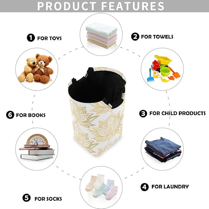 visesunny Collapsible Laundry Basket Gold Lotus Flower Large Laundry Hamper Oxford Fabric Dirty Clothes Toy Organizer with Handle For Bathroom Kids Room Dorm